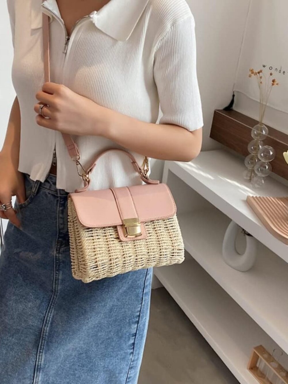 Small Straw Crossbody Bags for Women, Rattan Woven Top Handle Handbag Summer Bea - Picture 7 of 8